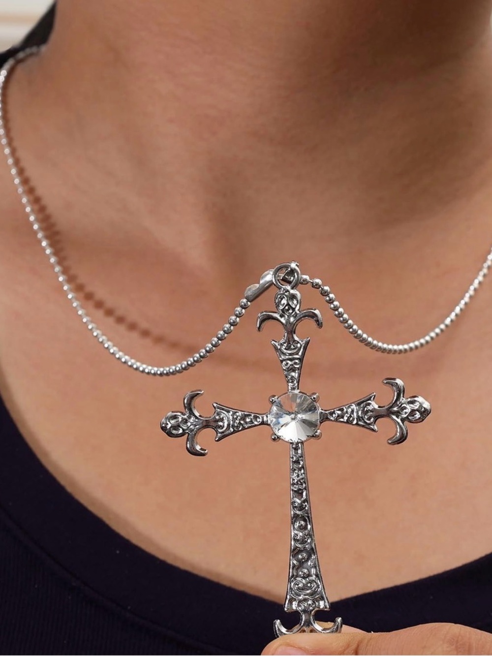 Silver Tone Cross Charm Pendant Necklace Ball/Bead Chain Religious 59 cm